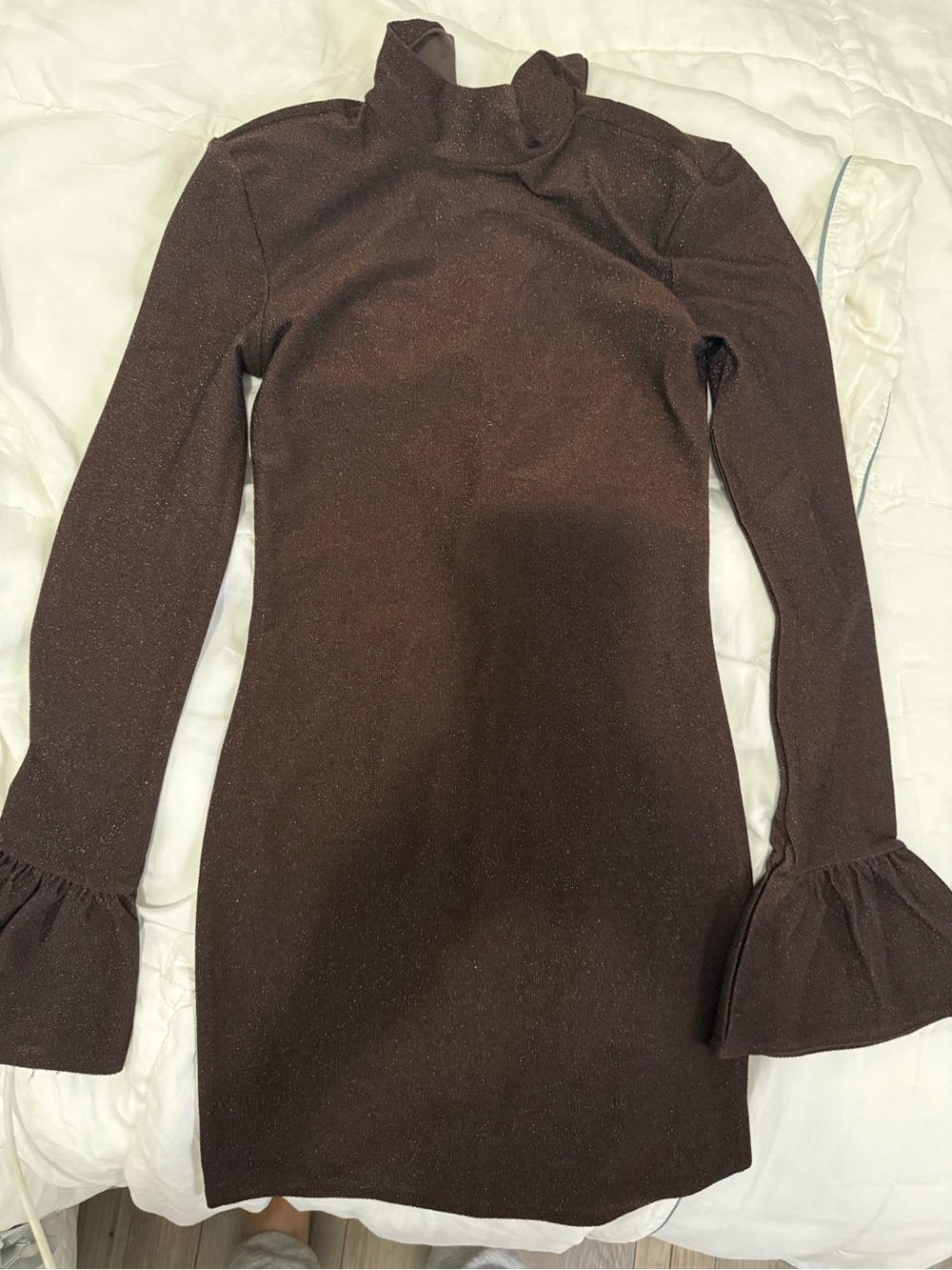 H&M glitter Long Sleeve Brown Turtleneck Dress with Ruffle Cuffs